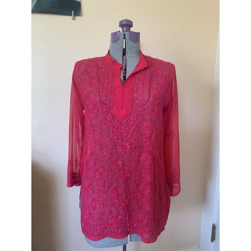 Kurti Tunic Top 100% Silk Chiffon Sheer Chikan Embroidery Hot Pink Jaipur India